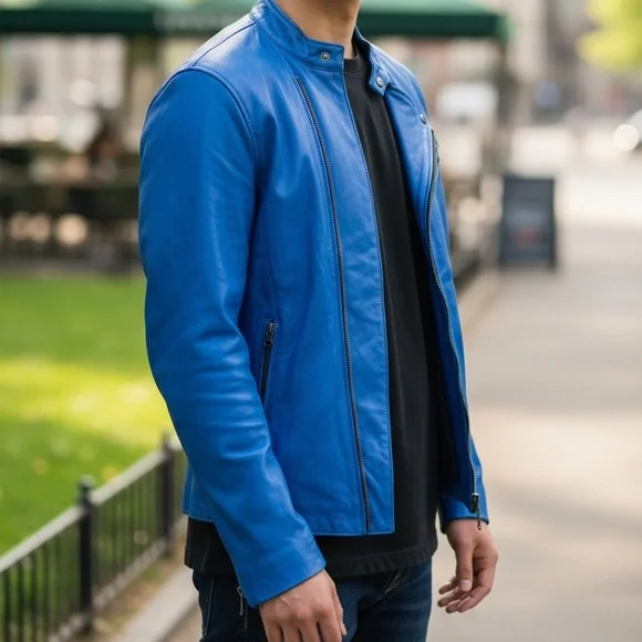 Genuine Leather Distressed Look Cafe Racer Jacket Zip Front & Sleeves Blue Large